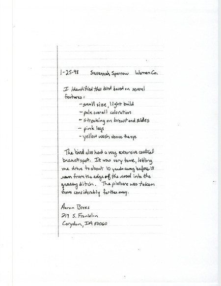 Field report from Aaron Brees for a Savannah Sparrow in Warren County, IA on January 25, 1998.