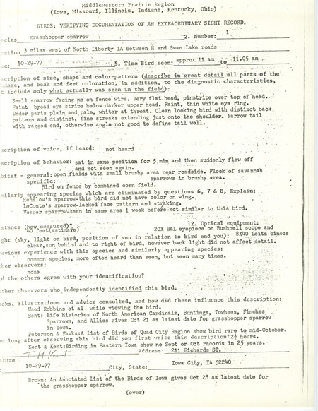 Rare bird documentation form for a Grasshopper Sparrow west of North Liberty in Johnson County, IA on October 29, 1977.