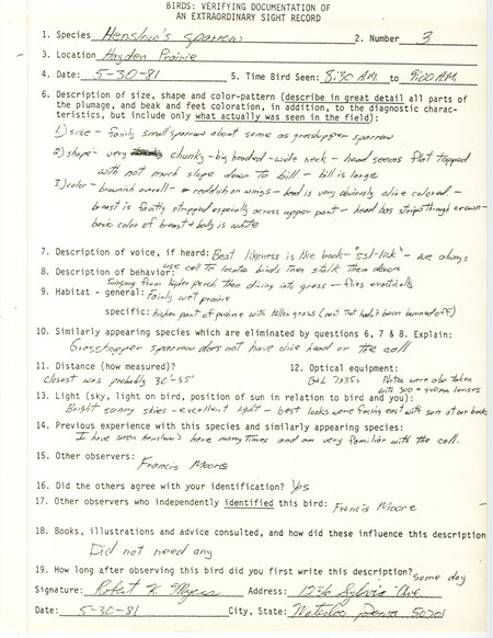 Rare bird documentation form for three Henslow's Sparrows at Hayden Prairie in Howard County, IA on May 30, 1981.