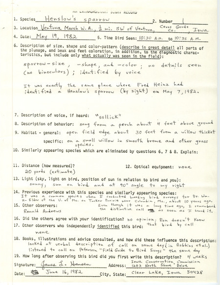 Rare bird documentation form for a Henslow's Sparrow at Ventura Marsh Wildlife Area in Cerro Gordo County, IA on May 19, 1982.