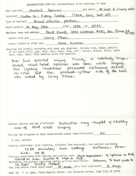 Rare bird documentation form for at least six Henslow's Sparrow at Sperry Township in Clayton County, IA on May 20, 1984.