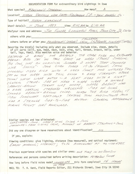 Rare bird documentation form for two Henslow's Sparrows near Lacey-Keosauqua State Park in Van Buren County, IA on June 11, 1987.
