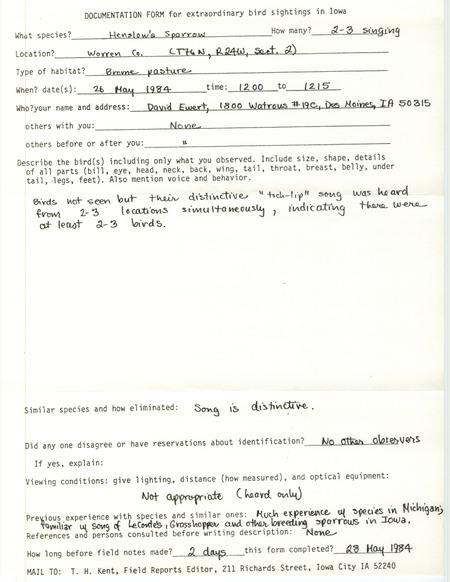 Rare bird documentation form for two to three Henslow's Sparrows at Lincoln Township in Warren County, IA on May 26, 1984.