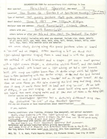 Rare bird documentation form for three Henslow's Sparrows at Des Moines Township in Van Buren County, IA on June 9, 1987.