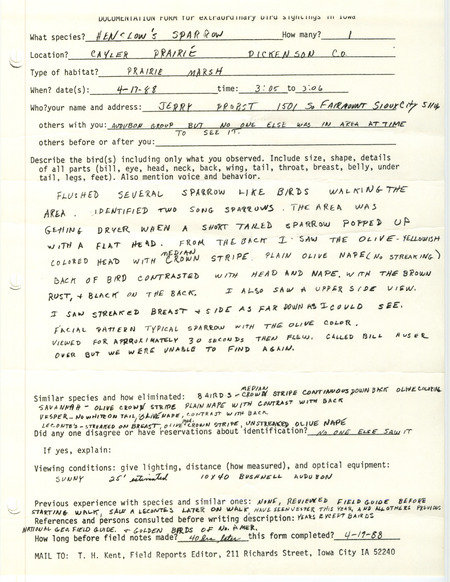 Rare bird documentation form for a Henslow's Sparrow at Cayler Prairie in Dickinson County, IA on April 17, 1988.