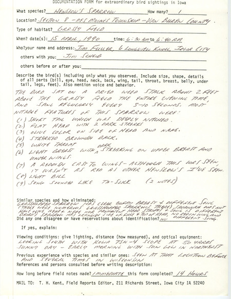 Rare bird documentation form for a Henslow's Sparrow at Des Moines Township in Van Buren County, IA on April 15, 1990.