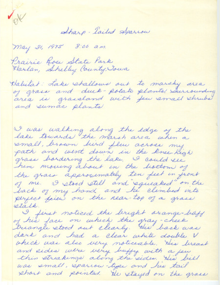 Rare bird documentation for a Sharp-tailed Sparrow at Prairie Rose State Park in Shelby County, IA on May 31, 1975.