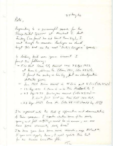 Letter sent from Tom Kent to Pete Petersen regarding Sharp-tailed Sparrow sightings.