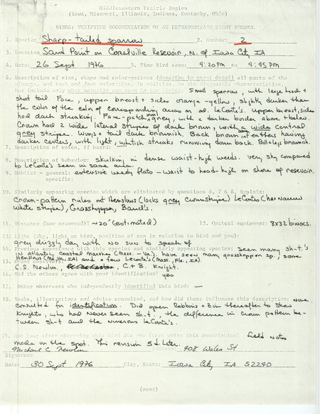 Rare bird documentation form for two Sharp-tailed Sparrows at Sand Point in Coralville Reservoir in Johnson County, IA on September 26, 1976.