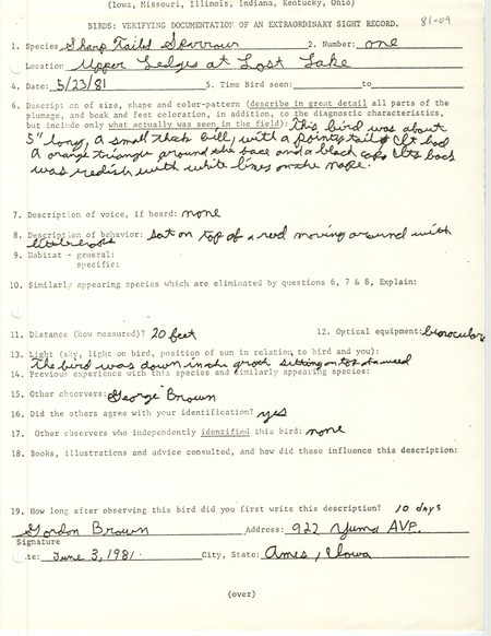 Rare bird documentation form for a Sharp-tailed Sparrow at Lost Lake in Boone County, IA on May 23, 1981.