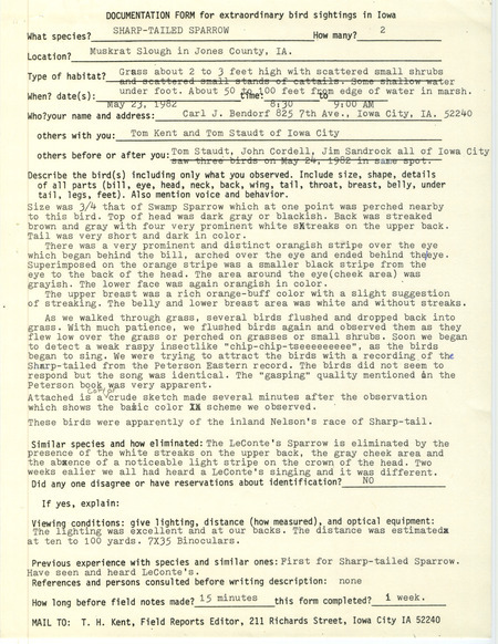 Rare bird documentation form for two Sharp-tailed Sparrows at Muskrat Slough in Jones County, IA on May 23, 1982.