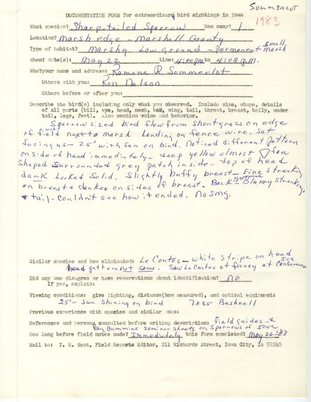Rare bird documentation form for a Sharp-tailed Sparrow at Marshall County, IA on May 22, 1983.