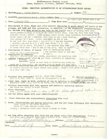 Rare bird documentation form for four Sharp-tailed Sparrows at Hendrickson March in Story County, IA on October 3, 1984.
