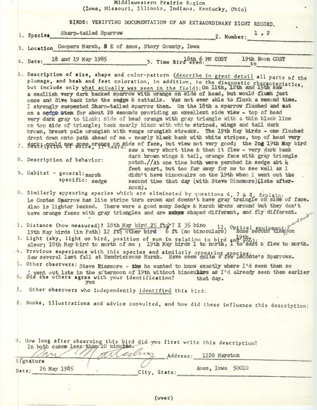 Rare bird documentation form for one or two Sharp-tailed Sparrows at Coopers March in Story County, IA on May 18 and 19, 1985.