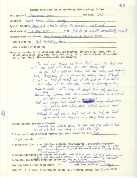 Rare bird documentation form for one to two Sharp-tailed Sparrows at Cooper's Prairie March in Story County, IA on May 19, 1985.