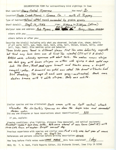 Rare bird documentation form for two Sharp-tailed Sparrows at Snake Creek March in Greene County, IA on September 14, 1986.
