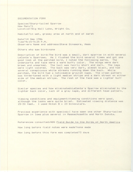 Rare bird documentation form for a Sharp-tailed Sparrow at Big Wall Lake in Wright County, IA on September 14, 1986.
