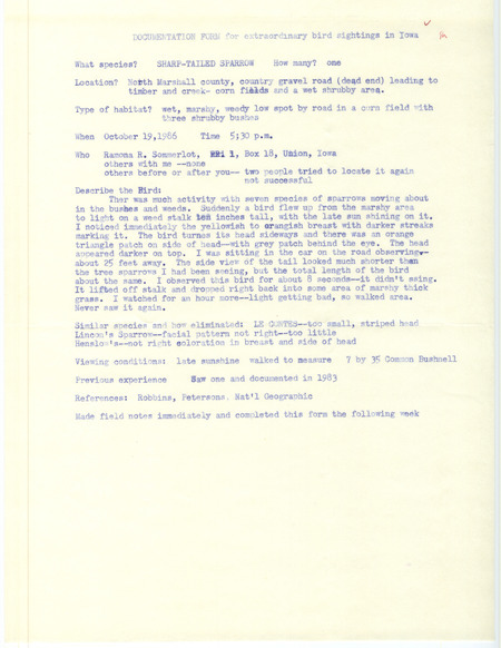 Rare bird documentation form for a Sharp-tailed Sparrow at North Marshall County, IA on October 19, 1986.