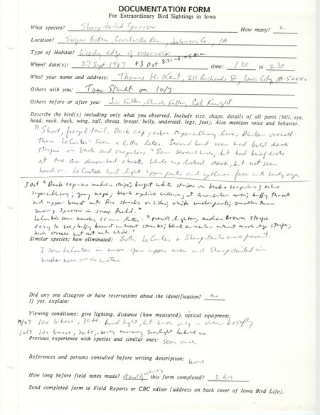 Rare bird documentation form for two Sharp-tailed Sparrows at Sugar Bottom Recreation Area at Coralville Reservoir in Johnson County, IA on September 27 and October 3, 1987.