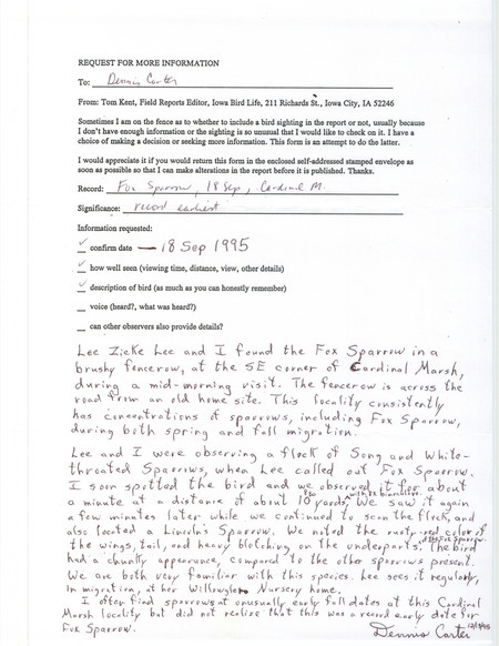Rare bird documentation form for a Fox Sparrow at Cardinal March in Winneshiek County, IA on September 18, 1995.