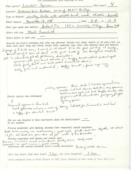 Rare bird documentation form for four Lincoln's Sparrows north of the IA 17 bridge near Saylorville Reservoir in Polk County, IA on December 18, 1988.