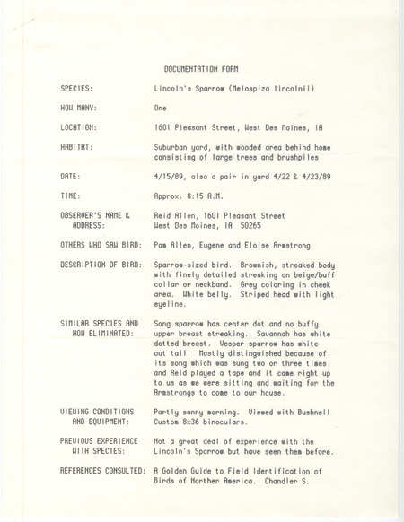Rare bird documentation form for a Lincoln's Sparrow at West Des Moines in Polk County, IA on April 15, 22, and 23, 1989.