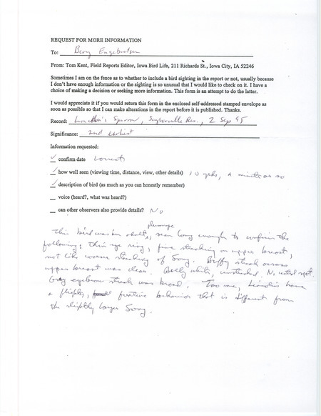 Form filled out by Bery Engebretsen providing additional information about a Lincoln's Sparrow sighting at Saylorville Reservoir in Polk County, IA on September 2, 1995.