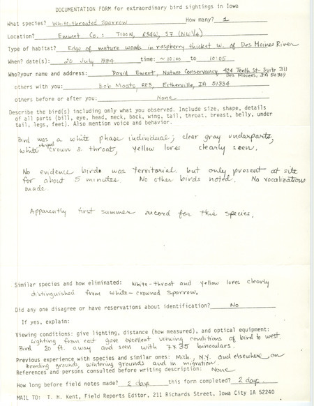 Rare bird documentation form for a White-throated Sparrow at Emmet Township in Emmet County, IA on July 20, 1984.