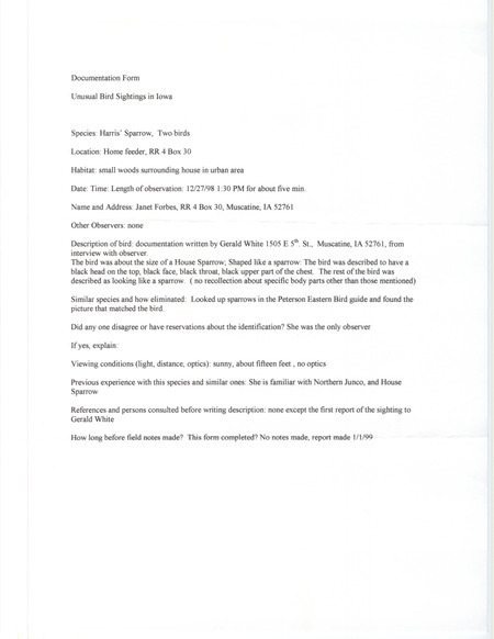 Rare bird documentation form for two Harris' Sparrows north of Muscatine in Muscatine County, IA on December 27, 1998.