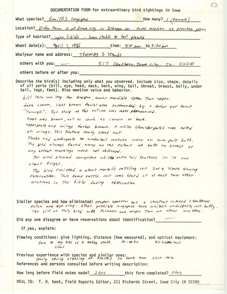 Rare bird documentation form for a Smith's Longspur south of Iowa City in Johnson County, IA on April 7, 1986.
