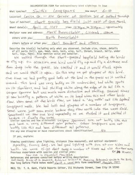 Rare bird documentation form for six to ten Smith's Longspurs at Oakland Township in Louisa County, IA on April 15, 1987.