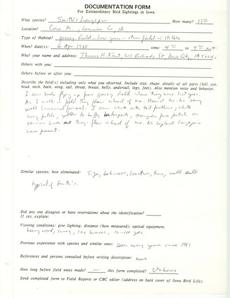 Rare bird documentation form for one hundred fifty Smith's Longspurs at Cone March in Louisa County, IA on April 6, 1988.