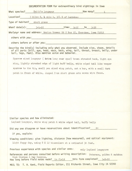 Rare bird documentation form for a Smith's Longspur northeast of Larrabee in Cherokee County, IA on March 4, 1992.