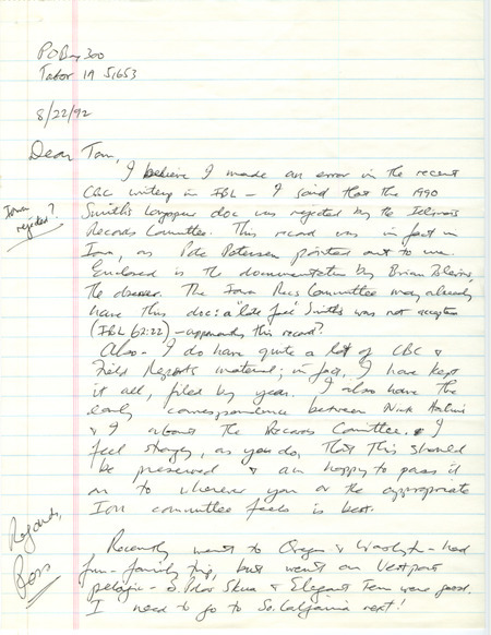 Letter sent on August 22, 1992 about a documentation form for a Smith's Longspur west of Almont in Clinton County, IA on December 29, 1990 by Brian Blevins. It also discusses submitting other field reports and materials from multiple years to the Iowa Ornithologists' Union Records Committee.