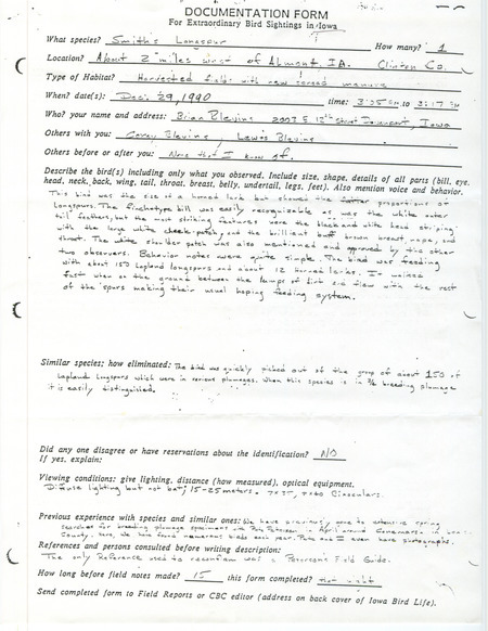 Rare bird documentation form for a Smith's Longspur west of Almont in Clinton County, IA on December 29, 1990.