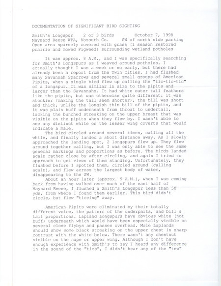 Rare bird documentation form for two to three Smith's Longspurs at Maynard Reese Waterfowl Production Area in Kossuth County, IA on October 7, 1998.