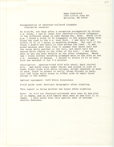 Rare bird documentation form for at least four Chestnut-collared Longspurs at Lake Manawa State Park in Pottawattamie County, IA on April 16, 1986.