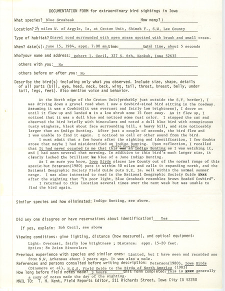 Rare bird documentation form for a Blue Grosbeak at the Croton Unit in Shimek Forest in Lee County, IA on June 15, 1984.