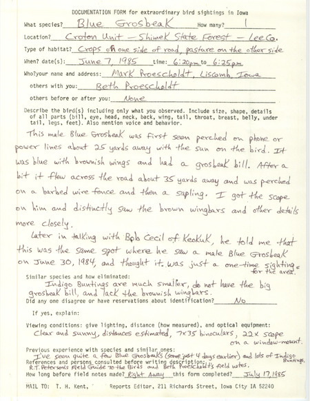 Rare bird documentation form for a Blue Grosbeak at the Croton Unit of Shimek State Forest in Lee County, IA on June 7, 1985.