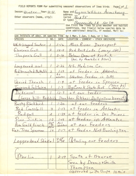 Field reports for the Winter of 1990-1991 submitted by Eugene and Eloise Armstrong featuring a Dickcissel sighting at Booneville in Dallas County, IA on December 3, 1990.