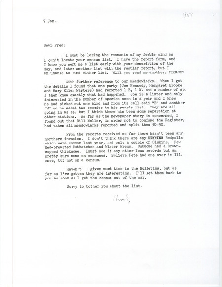 Letter from Woody Brown to Fred Kent about bird sightings and reports for the year of 1966 sent on January 7, 1967. It features a discussion of identifying Eastern and Western Meadowlarks.