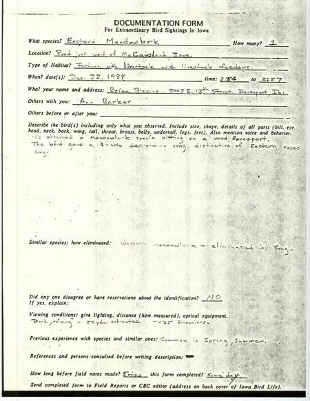 Rare bird documentation form for an Eastern Meadowlark west of McCausland in Scott County, IA on December 22, 1988.