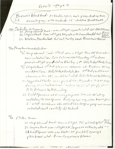Photocopy of the second page of field notes by Peter C. Petersen detailing birds seen during the Davenport, Oakville, Princeton, and Clinton Christmas Bird Counts. It includes a Brewer's Blackbird sighting in Davenport on December 18.