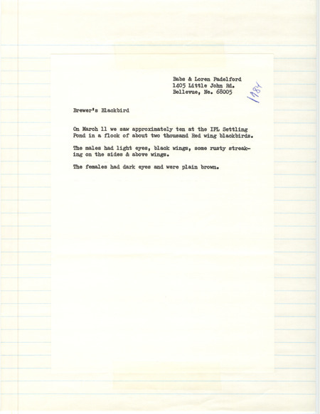 Field report for ten Brewer's Blackbirds and two thousand Red-winged Blackbirds at the MidAmerican Energy Ponds in Pottawattamie County, IA on March 11, 1984.