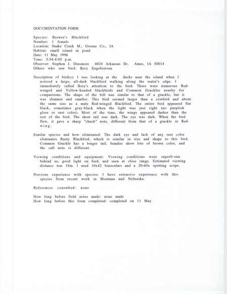 Rare bird documentation form for a Brewer's Blackbird at Snake Creek March in Greene County, IA on May 11, 1996.