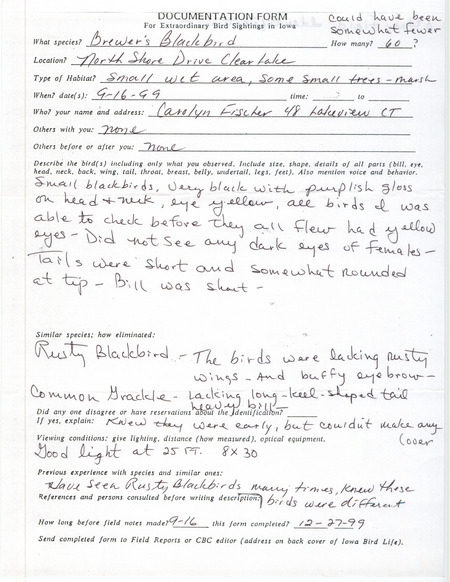 Rare bird documentation form for at most sixty Brewer's Blackbirds at Clear Lake in Cerro Gordo County, IA on September 16, 1999.