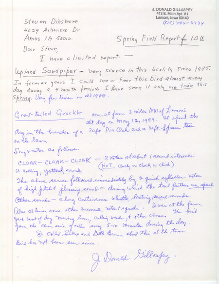 Field report sent to Steve Dinsmore at IOU for J. Donald Gillaspey. It features a sighting of a Great-tailed Grackle northwest of Lamoni in Decatur County, IA on May 12, 1989.