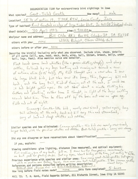 Rare bird documentation form for a Great-tailed Grackle at Wapello Township in Louisa County, IA on April 30, 1992.
