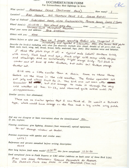 Rare bird documentation form for a Baltimore Oriole at Cedar Rapids in Linn County, IA on December 15, 1990.
