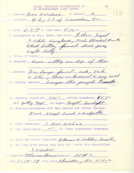 Rare bird documentation form for two Pine Grosbeaks at Larrabee in Cherokee County, IA on January 2, 1978.